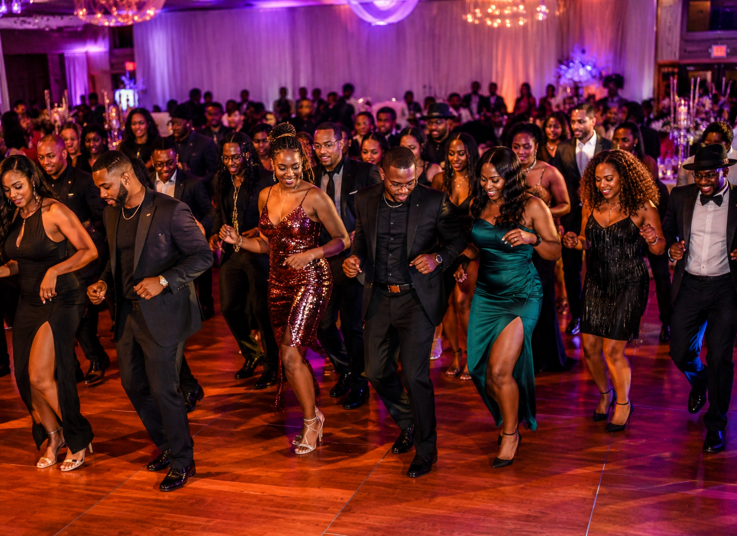 A packed ballroom dance floor mid line dance under warm and violet light